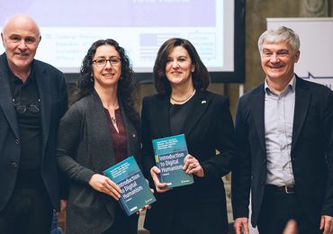 Hannes Werthner, Merve Hickok, Victoria Reggie Kennedy, Erich Prem (fltr). Hannes Werthner and Erich Prem present the newly published "Introduction to Digital Humanism". — Picture: Amélie Chapalain / TU Wien Informatics