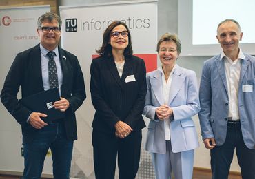 Jens Schneider (Rector TU Wien), Mira Mezini (Keynote Speaker), Gerti Kappel (Dean Faculty of Informatics), Nysret Musliu (Co-Director CAIML) — Picture: Amélie Chapalain / TU Wien Informatics